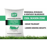 Premium Double Dark Green (KBG/PR) Grass Seed A package of 'Premium Double Dark Green Turf Type Tall Fescue Grass Seed' by DIY, indicating it's a blend of Kentucky Bluegrass and Perennial Ryegrass, suitable for cool season zones and extreme striping ability with dark green color.