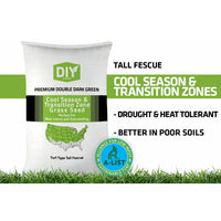 Premium Double Dark Green Turf Type Tall Fescue Grass Seed A package of Premium Double Dark Green Turf Type Tall Fescue Grass Seed, indicating drought and heat tolerance, suitable for cool season and transition zones.
